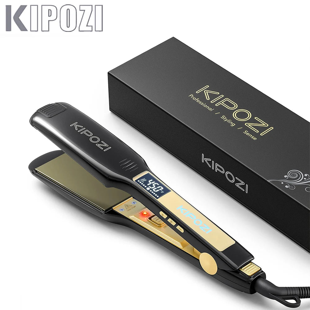 KIPOZI Professional Titanium Flat Iron Hair Straightener with Digital LCD Display Dual Voltage Instant Heating Curling Iron Ürün ana görseli