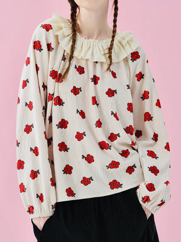 IMAKOKONI Original Design Collar Floral Long Sleeve Hoodie T-shirt for Summer Women 244968 Ürün ana görseli