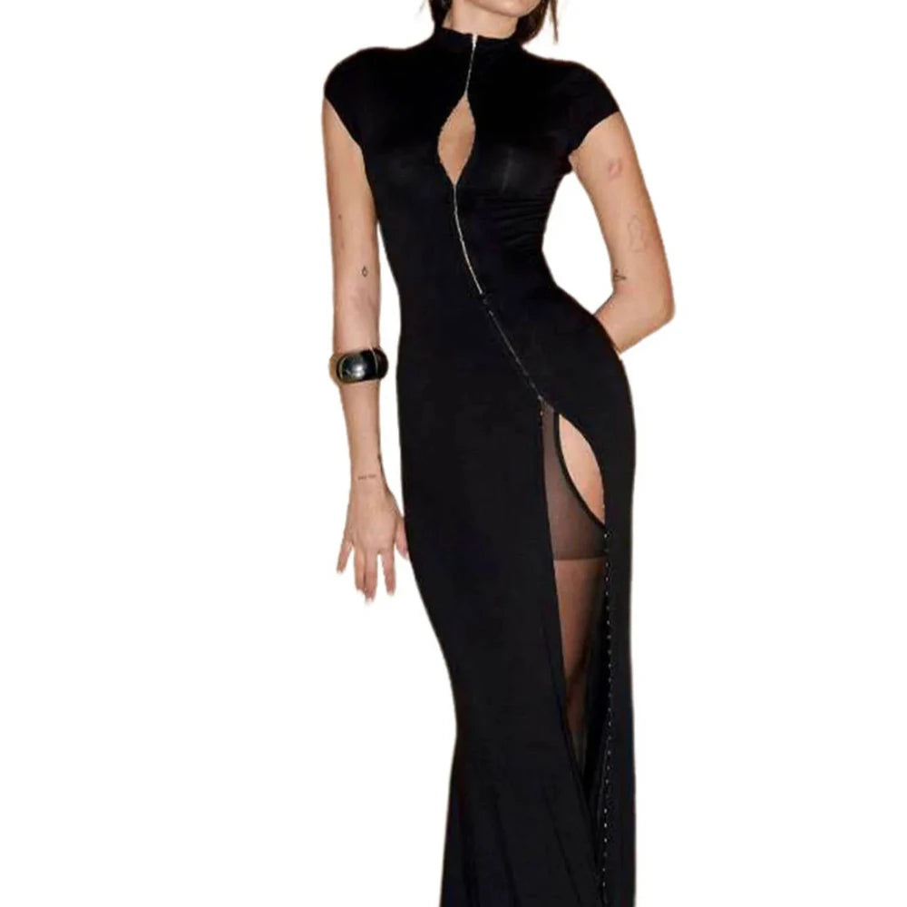 Black High Slit Dresses Half Turtleneck Zipper Slim Hip-Wrapped Long skirt Sexy Hot Girl Nightclub Dress For Women Streetwear Ürün ana görseli