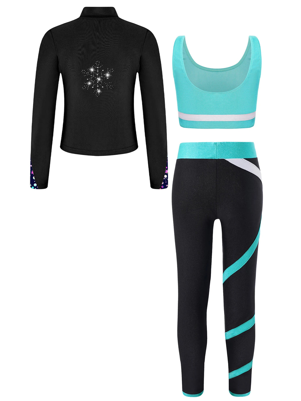 3Pcs Kids Girls Skating Athletic Fitness Workout Tracksuit Sleeveless Vest Top +Pants with Long Sleeve Zipper Sweatshirt Gym Set