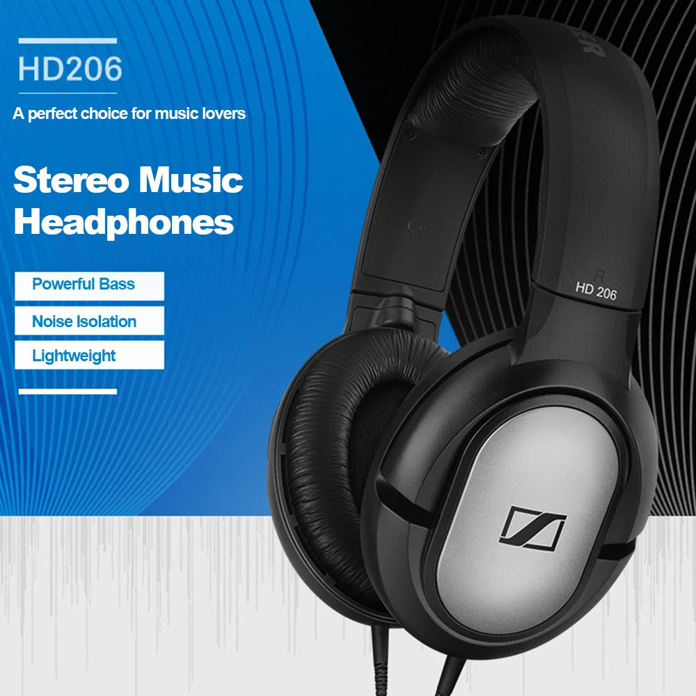 Sennheiser HD206 Over-Ear Wired HiFi Drivers Stereo Bass Audiophile Headphones Original Noise-Canceling Monitoring Headset