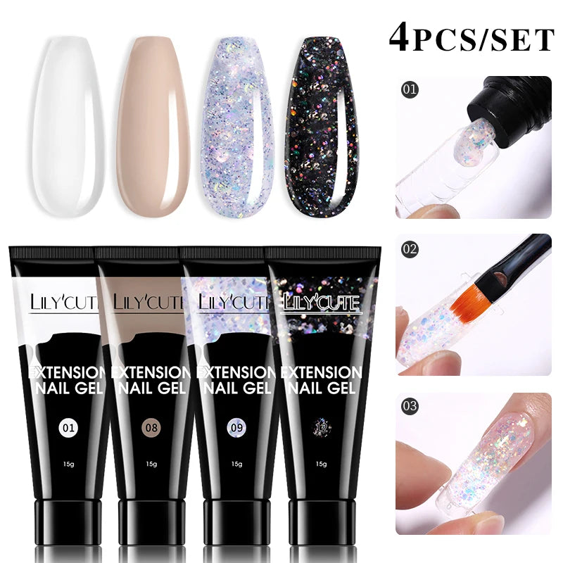LILYCUTE 15ml Extension Gel Nail Polish Set Quick Nail Prolong With Extend Mold Nail Tips Acrylic Solution Manicure Tools Kit