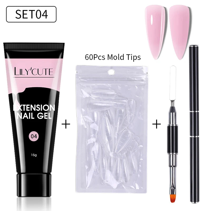 LILYCUTE 15ml Extension Gel Nail Polish Set Quick Nail Prolong With Extend Mold Nail Tips Acrylic Solution Manicure Tools Kit