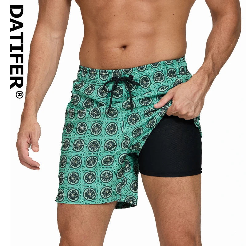 DATIFER 2026 latest Fashion Mens Shorts Polyester Long Liner 2 in 1 Traje De Baño Hombre Side Zipper Pocket Beach Gym Swimsuits