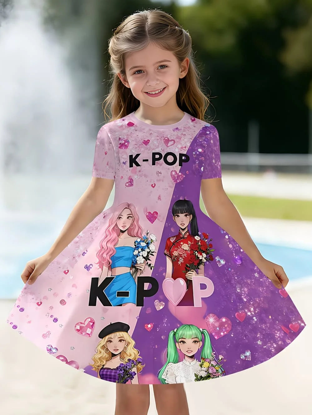 Kpop Cartoon Graphic Dress for Girls Funny Gift for Fan Harajuku Girl Clothes Summer Tops Short Sleeve Dress Children's Clothing