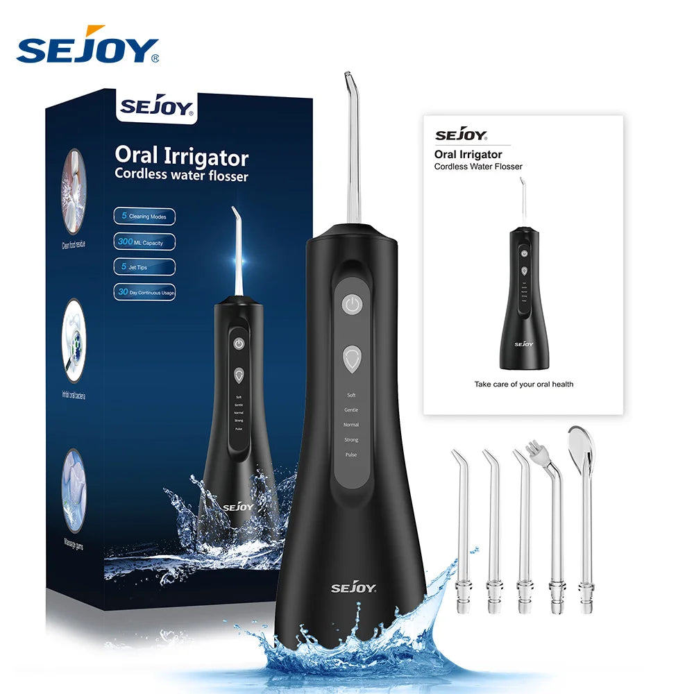 Sejoy Electric Water Flossers Oral Irrigator Rechargeable Portable Dental 5 Modes Water Tank Teeth 300ML Waterproof Cleaner