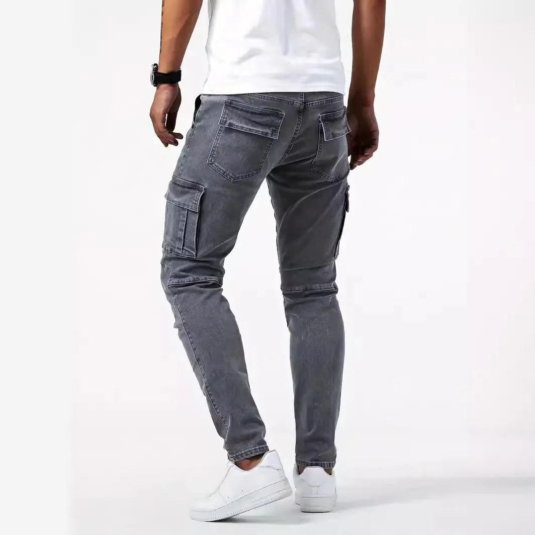 Men's street stretch denim jeans, washed solid color multi pocket work pants, casual slim fit, daily wear, jogging pants, mid wa