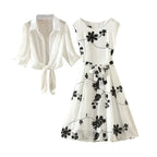 Elegant New Suit High Waist Sleeveless Slim A-line Skirt Floral Two-piece Dress Embroidery White Top Bow Belt Vintage Women