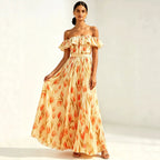 2026 summer off-the-shoulder tulip print plus size slimming square neck maxi dress