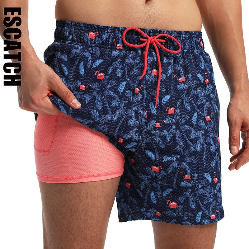 ESCATCH 2026 New Arrival Mens Swimming Trunks Compression Liner 2 in 1 Printing Quick-Dry Gym Sports Mens Shorts Zipper Pockets Ürün ana görseli