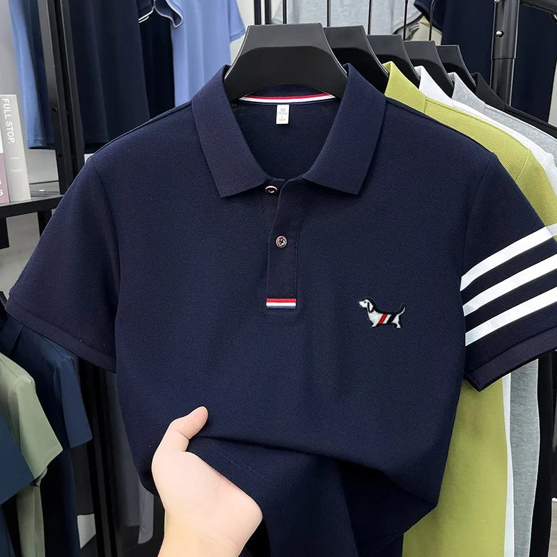 luxury brand men's high quality short sleeves polo shirt lapel embroidery puppy cuff stripe t-shirt business leisure men's wear Ürün ana görseli