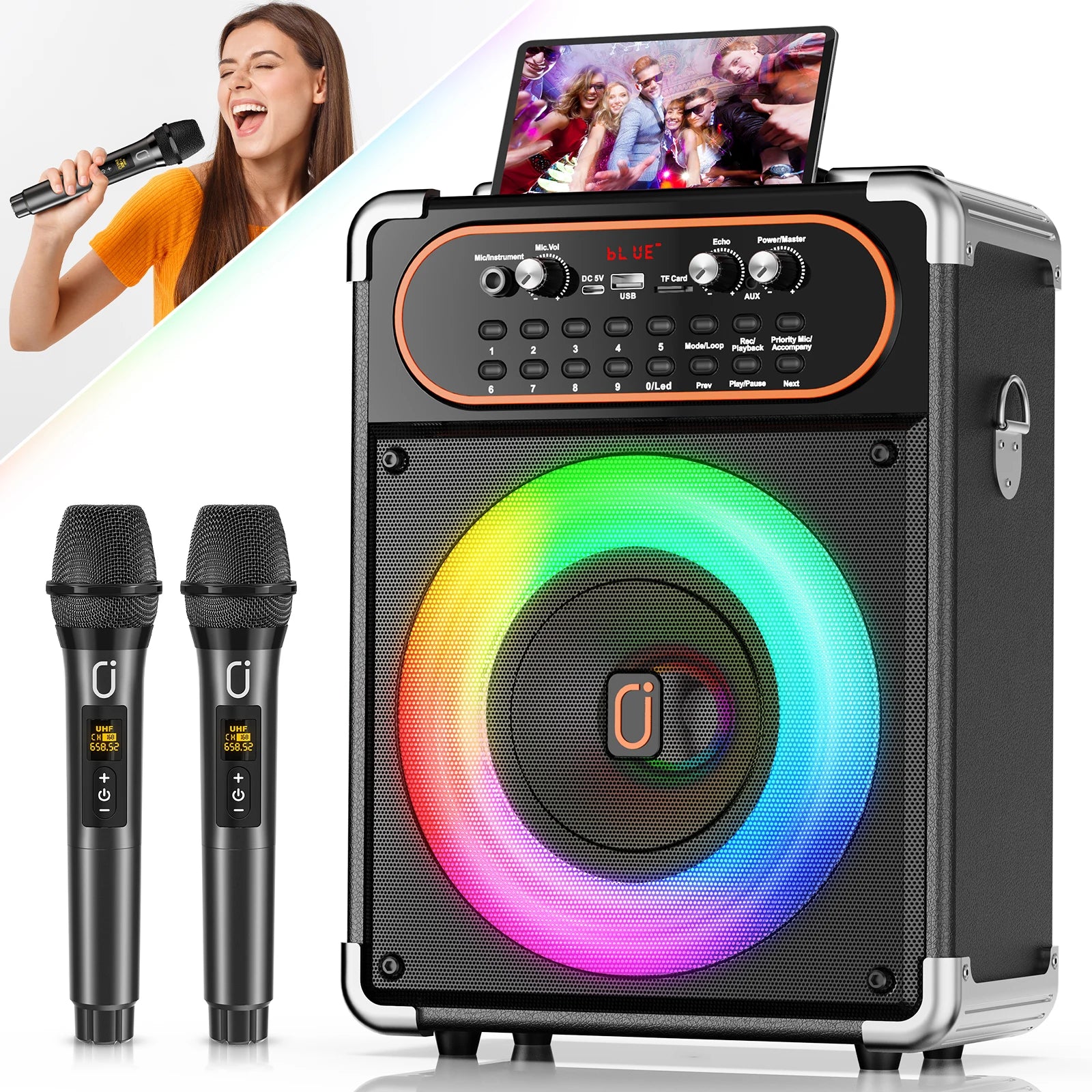 S68 Kara Ok with 2 Microphones, Portable Bluetooth 5.3 Kara Ok Speaker,Echo Adjustment, Supports Tv through Auxiliary Connection Ürün ana görseli