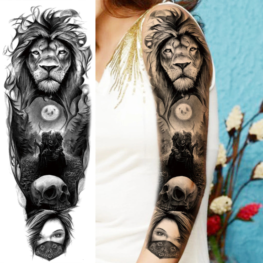 1 Sheet Full Arm Compass Zeus Skull Tiger Lion Flower Temporary Tattoos Sleeve For Men Women Adults Fake Temp Sticker Tattoo