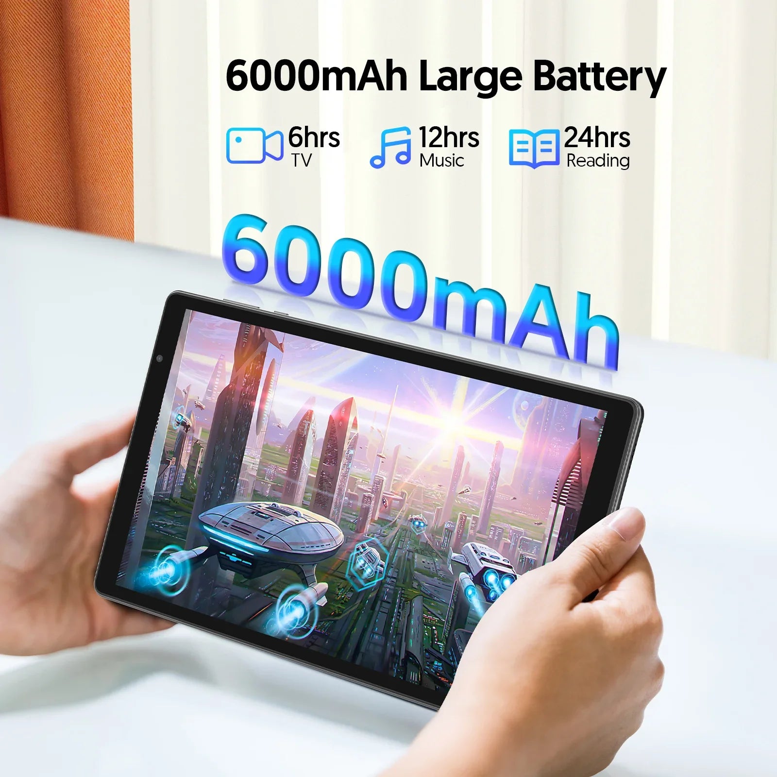 10-inch tablet, Android 14, quad-core processor, 4GB RAM (2GB+2GB expandable), 32GB storage, Wi-Fi, dual cameras, 6000mAh