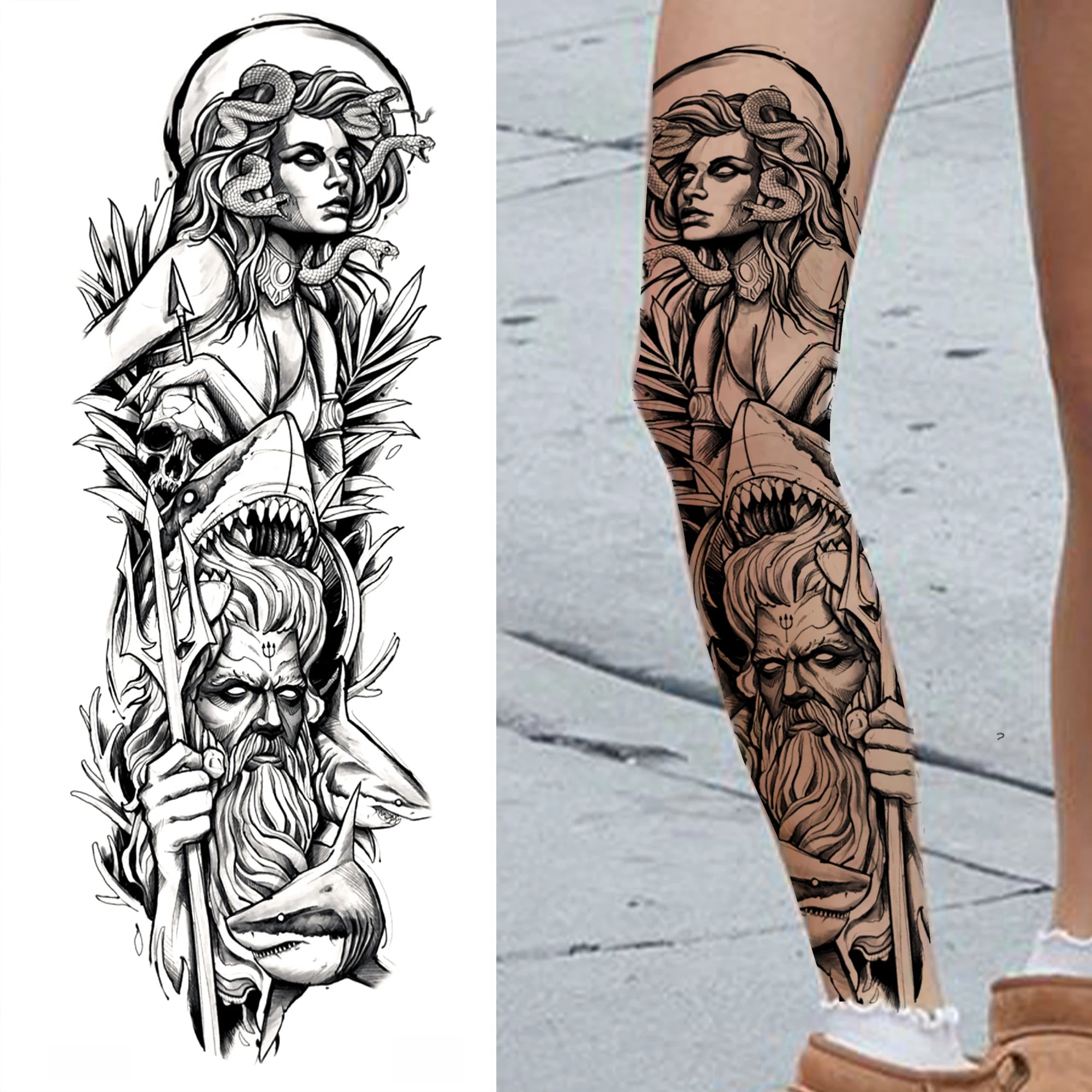 1 Sheet Full Arm Compass Zeus Skull Tiger Lion Flower Temporary Tattoos Sleeve For Men Women Adults Fake Temp Sticker Tattoo