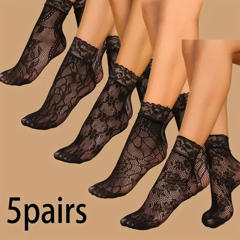 5 Pairs Floral Lace Socks Thin Breathable Short Socks Summer Mesh Lolita Fishing Net Women's Stockings Hosiery Ürün ana görseli