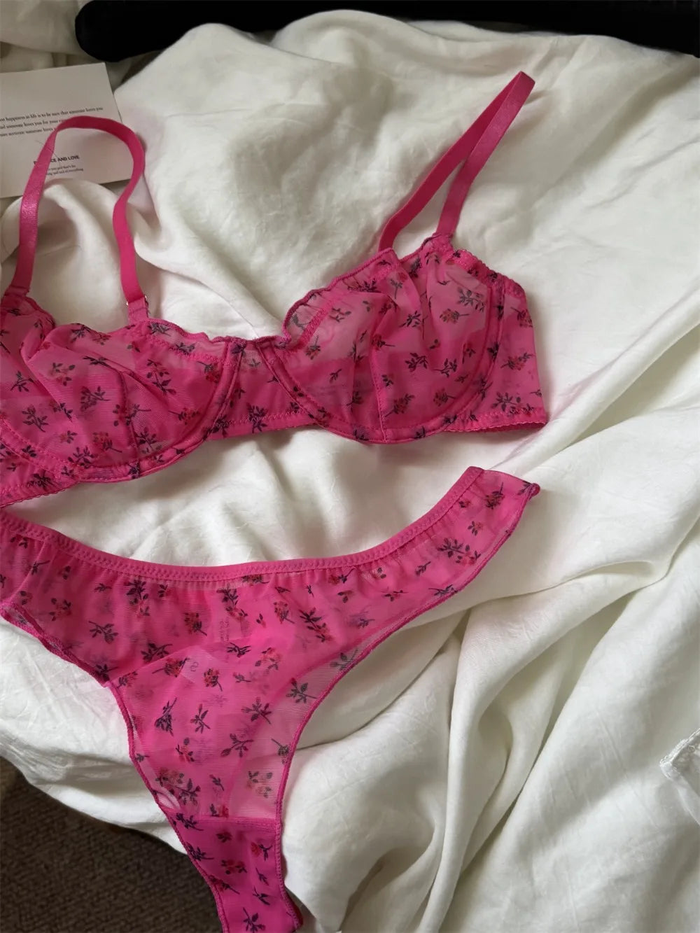 French Ultra Thin Lingerie Set Sexy Lace Floral Prints Bra Fashion Women Underwear Mesh Breathable Intimates Bras and Thong Sets
