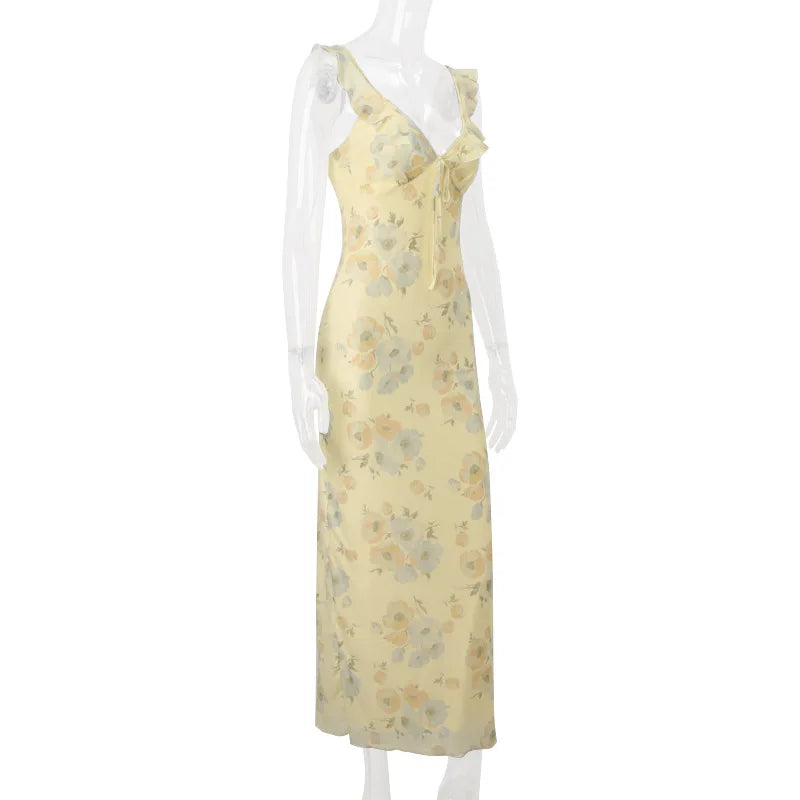Cryptographic Summer Floral Print Plunge Maxi Dress Outfits Sexy Backless Fairy Sun Dresses Vacation Beachwear Vestido Coquette