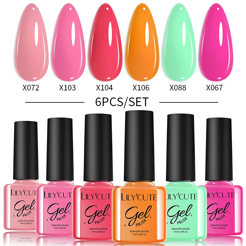 LILYCUTE 6PCS Gel Nail Polish Set Summer Neon Nail Gel Kits For DIY Nail Vernis Semi Permanent UV Lamp Gellak Nail Varnish Set