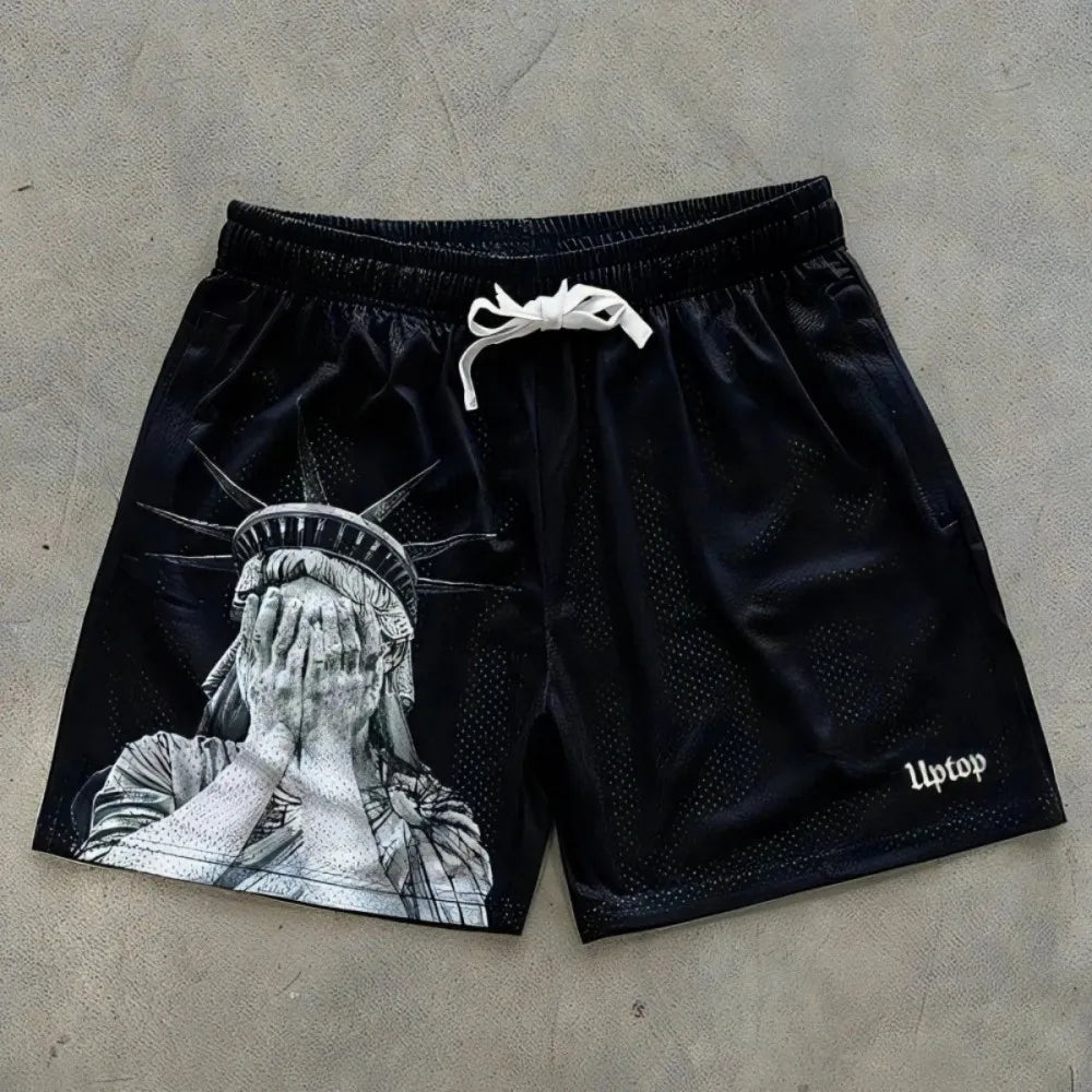 European and American men's summer Statue of Liberty print comfortable breathable drawstring shorts outdoor casual pants Ürün ana görseli