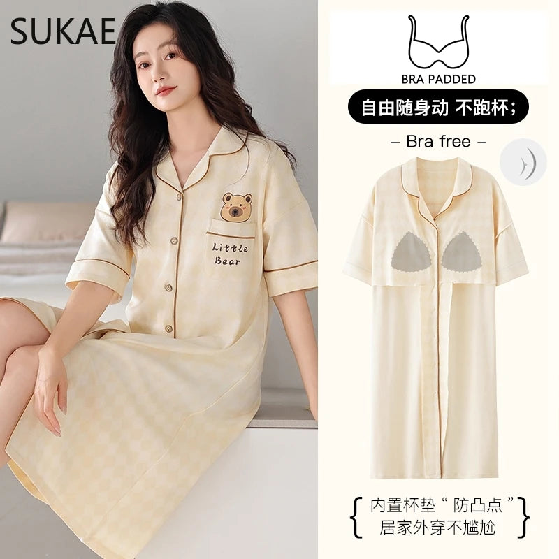 SUKAE Midi Nightdress M-5XL V-neck Bra Padded Botton Sleepshirt Plus Size Cotton Nightgowns Summer Women Short Sleeves Nightgown