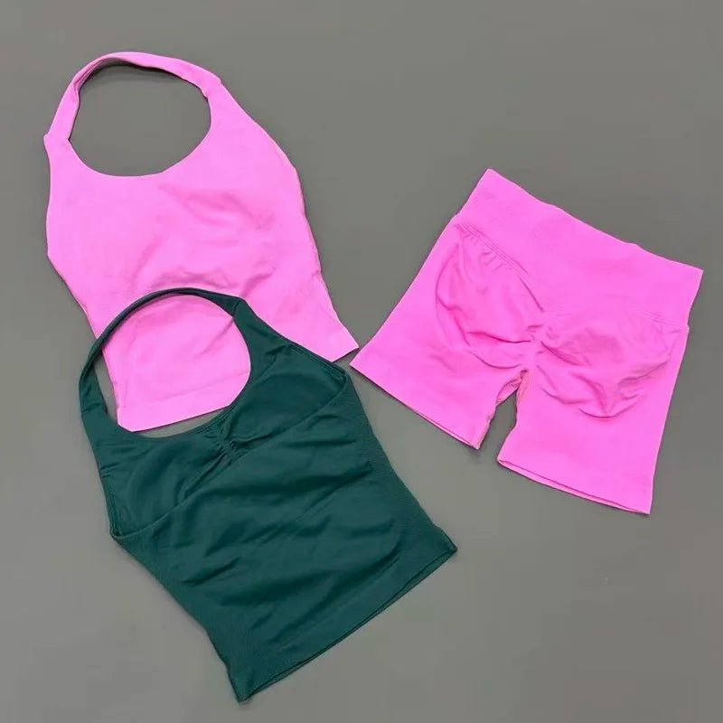 2pcs Sports Set Women Backless Tank Tops High Waist Scrunch Seamless Shorts Fitness Clothes Activewear Workout Sets Gym Suit