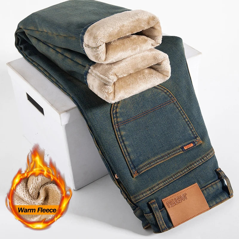 High Quality Winter Jeans Men's Warm Fleece Thickened Elastic Denim Pants Fashion Straight Elastic Retro Plush Velvet Pants Ürün ana görseli