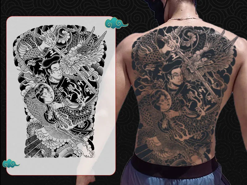 Magic Juice Ink Waterproof Tattoo Stickers Full Back Large Size Herbal Juice Temporary Tattoos Men Body Art Dragon Tiger