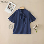 2026 ZANZEA Elegant Summer Blouse Women Stand Neck Short Sleeve Tops Stylish Solid OL Work Shirt Casual Lace-Up Holiday Tunic