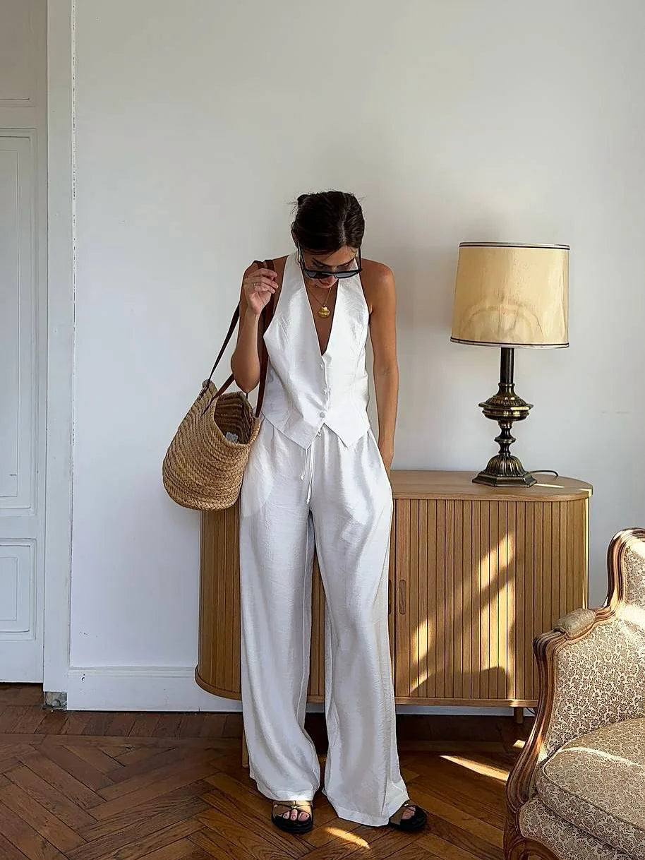 Elegant Floral Print Set Women Square Neck Sleeveless Ruffle Top Lace Up Floor Length Wide Leg Pants Sets Lady Casual Outfits