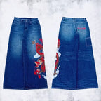 Y2K Black Washed Embroidered High-waisted Oversized Jeans Men European and American Retro Classic Loose Wide-leg Straight Pants