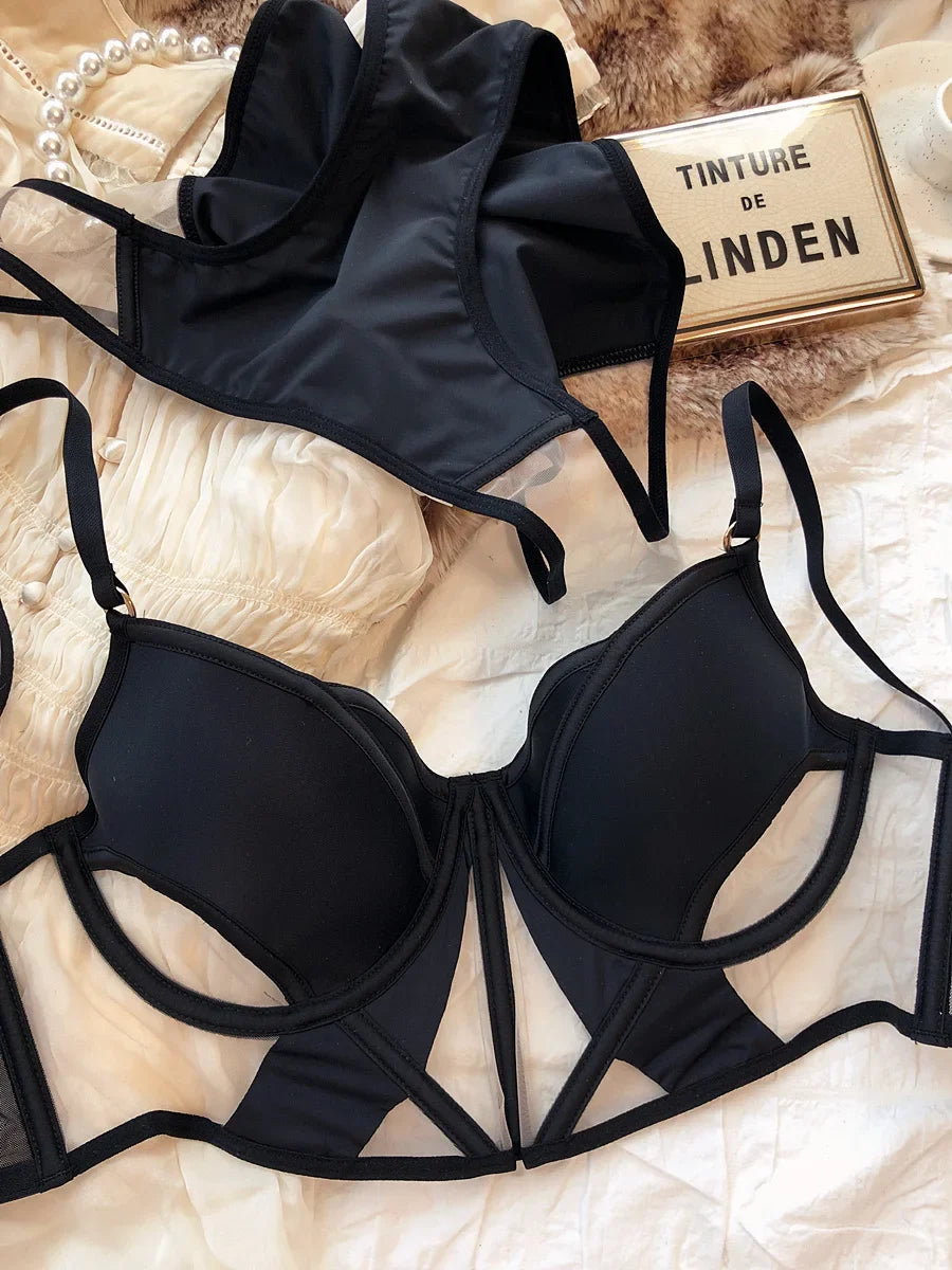 French Thin Cup Women Lingerie Set Sexy Hollow Lace Bra Set Summer Mesh Comfort Breathable Underwear Fish Bone Tops Intimates