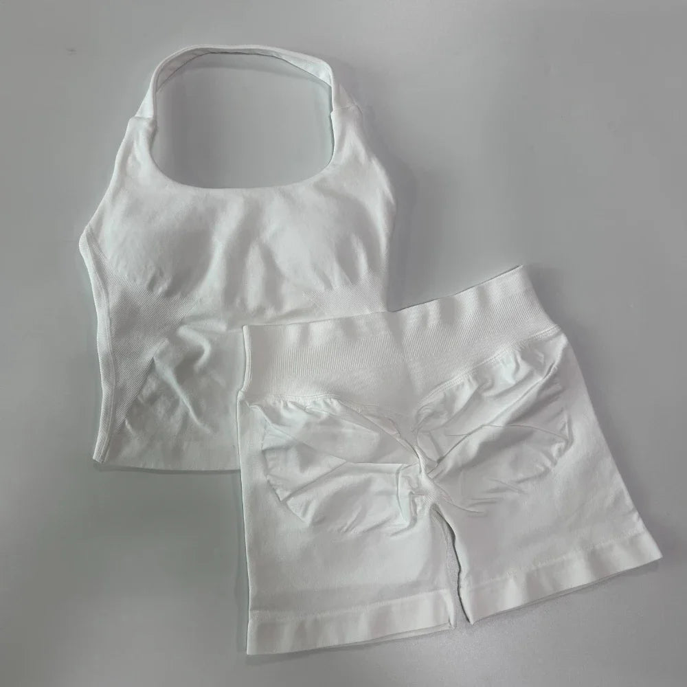 No Logo 2 Pieces Sports Set Women Backless Tank Tops High Waist Scrunch Seamless Shorts Gym Set Sportswear Workout Set Yoga
