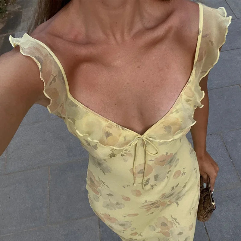 Cryptographic Summer Floral Print Plunge Maxi Dress Outfits Sexy Backless Fairy Sun Dresses Vacation Beachwear Vestido Coquette Secondary image