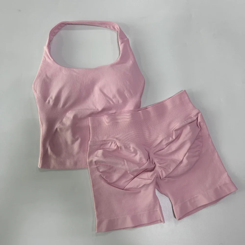 No Logo 2 Pieces Sports Set Women Backless Tank Tops High Waist Scrunch Seamless Shorts Gym Set Sportswear Workout Set Yoga