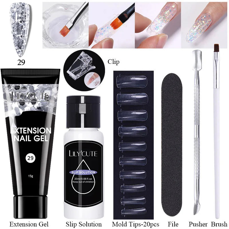 LILYCUTE 15ml Extension Gel Nail Polish Set Quick Nail Prolong With Extend Mold Nail Tips Acrylic Solution Manicure Tools Kit