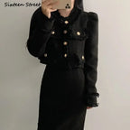 Beige Tweed Jacket + High Waisted Skirts Women Winter  Golden Button 2 Piece Sets Wool Luxury Vintage Skirts Sets Autumn