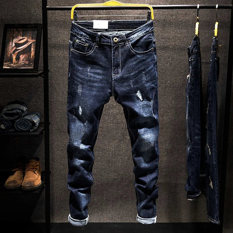 American Elastic Straight Jeans Men Ripped Worn-out Slim-fit Cotton Denim Pants Korean Style Fashion Blue Black Men's Clothing Ürün ana görseli