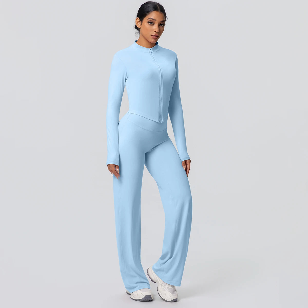 2pieces Quick Drying Sports Fitness Clothing Yoga Set Women Yoga Zipper Long Dleeves High Waisted Breathable Wide Leg Pants Set