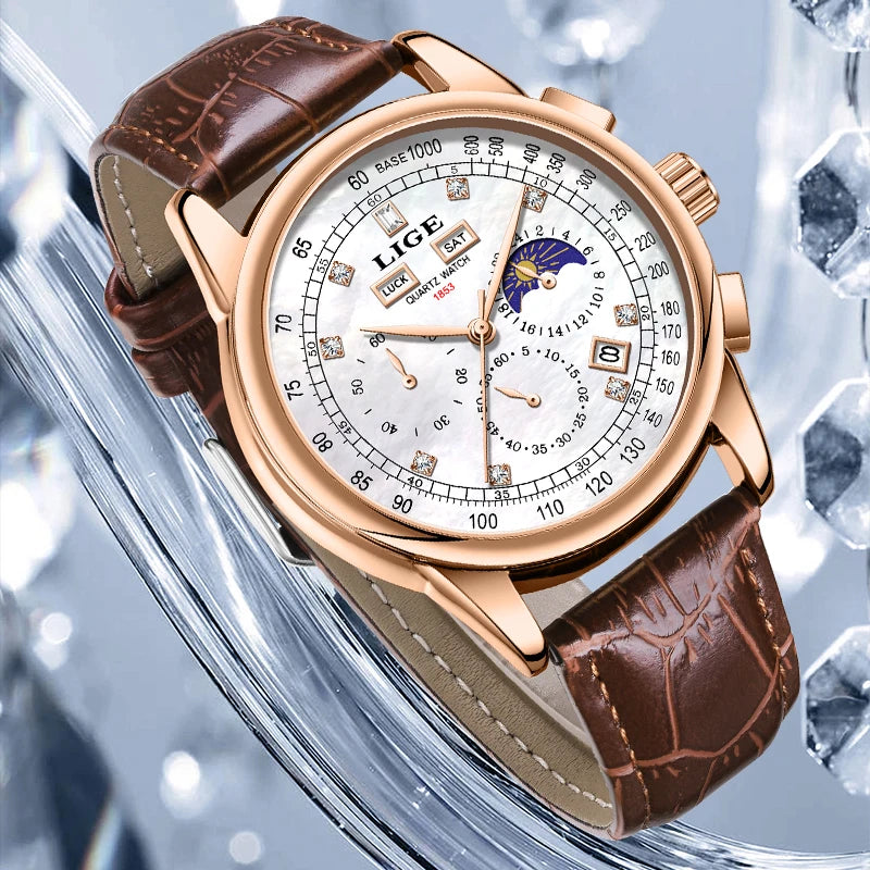 LIGE Retro Elegant Quartz Women's Wristwatches Simple Diamond Dial Fashion Casual Outdoor Date Waterproof Moon Phase Woman Watch Ürün ana görseli