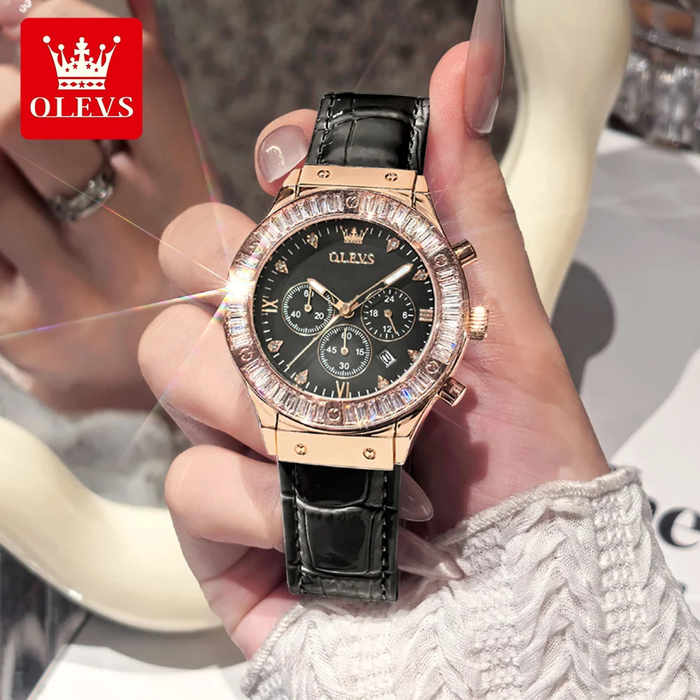 OLEVS 9978 Womens Watch Multifunctional Quartz Watch Waterproof Luminous Leather Strap Elegant Fashion Watches For Woman Gifts