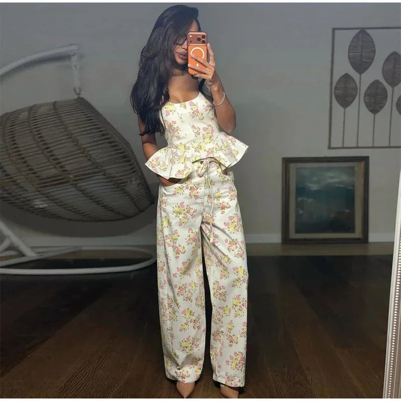 Elegant Floral Print Set Women Square Neck Sleeveless Ruffle Top Lace Up Floor Length Wide Leg Pants Sets Lady Casual Outfits