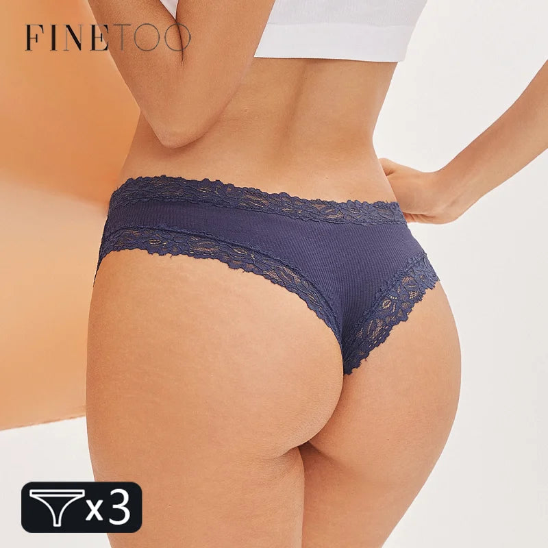 FINETOO 3Pcs Women Cotton Underwear Panties Sexy Lace Brazilian Briefs Low Waist Floral Solid Color G-string Breathable Lingerie Ürün ana görseli