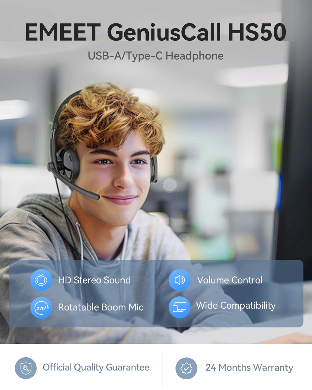 EMEET Wired Headset with Microphone Call Center USB Headphones ENC Noise Cancelling Office Cable Earphones for Phone/PC Computer