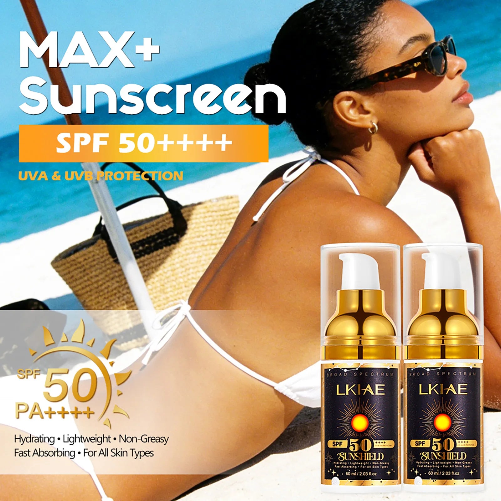 LKIAE Sunscreen, Broad Spectrum SPF 50, UVA/UVB, Lightweight & Non-Greasy, Sunblock, for Face, Body, Non-Comedogenic, 60ml Ürün ana görseli
