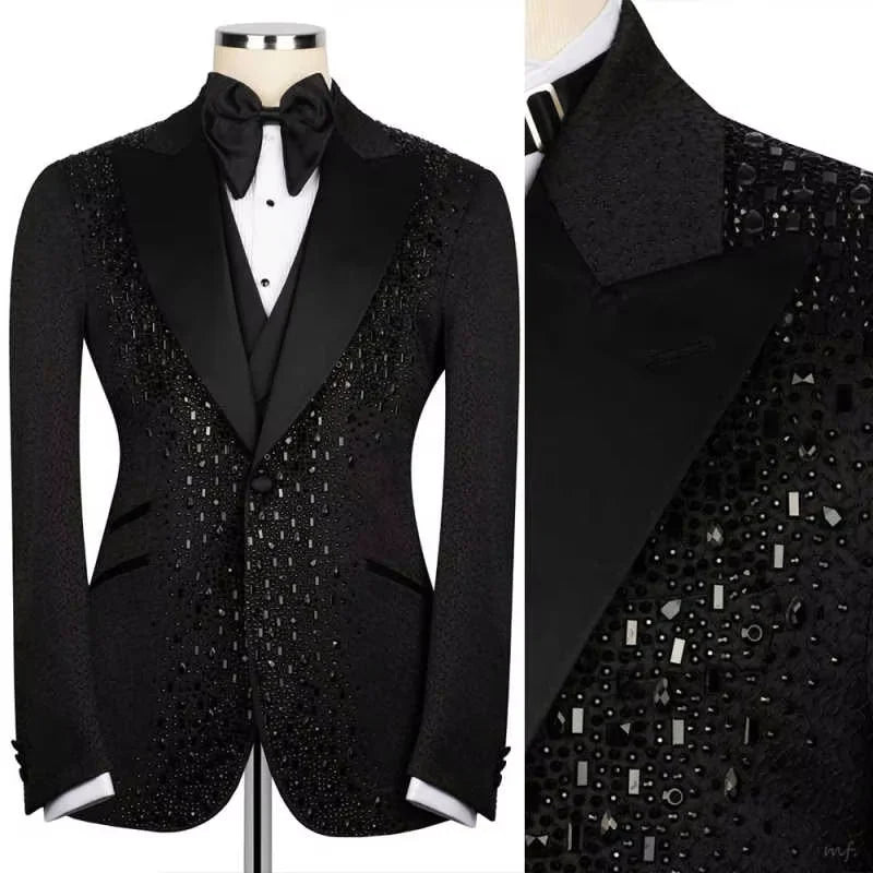 Luxury Suit 2 Pieces Set For Man Beading Tuxedos Lapel One Button Customized Blazer Casual Business Sequined Wedding Groom Main image