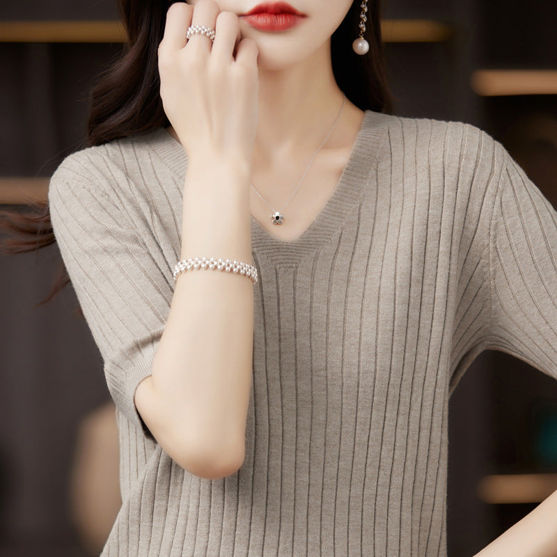 Women's Sweater Spring Summer Short Sleeve V-neck Knit Shirt Casual Korean Pullovers Stripe Bottoming Shirt Slim Fit Jumpers