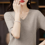 Women's Sweater Spring Summer Short Sleeve V-neck Knit Shirt Casual Korean Pullovers Stripe Bottoming Shirt Slim Fit Jumpers