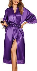 Womens Sexy Long Kimono Dress Lace Bath Robe Lingerie Gown Ice Silk Nightdress Solid Color Nightgown Nightwear Plus Size #0701