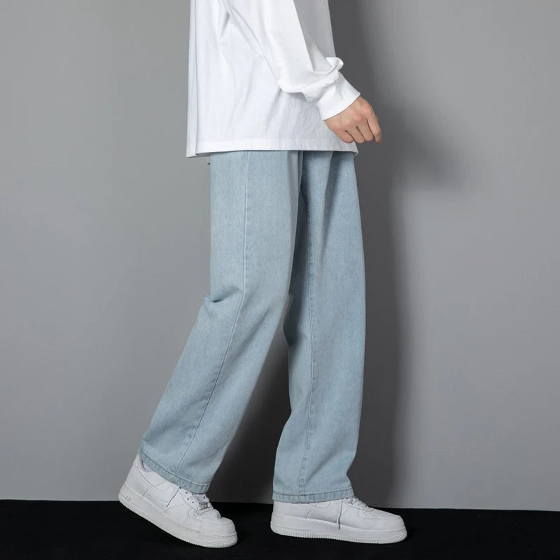 2026 New Korean Men's Casual Long Jeans Classic Man Straight Denim Wide-leg Pants Solid Color Light Blue Grey Black